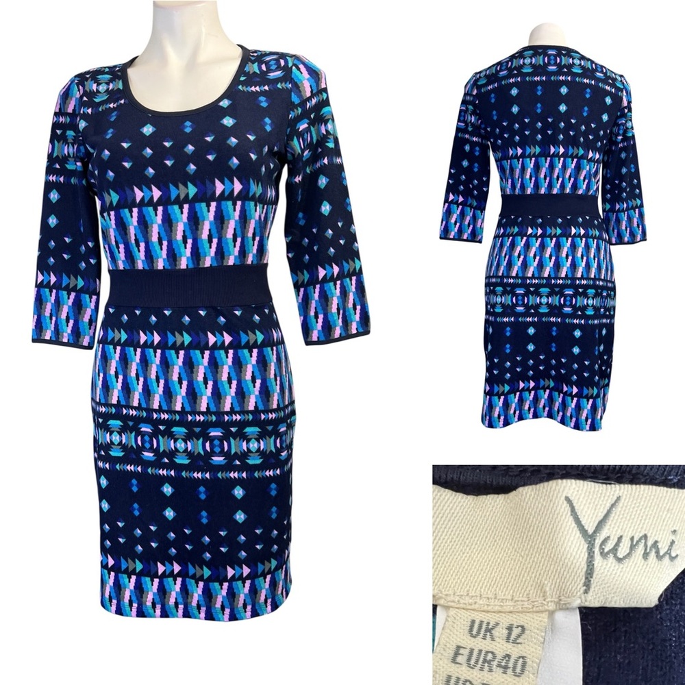 Yumi sweater dress sz 6/8 Blue Patterned 3/4 sleeve office casual fall